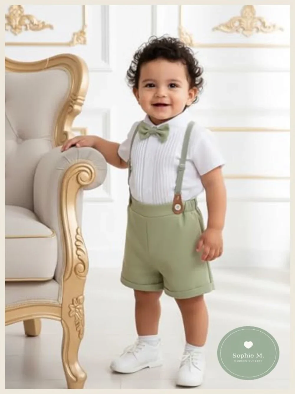 Baby Boys Shorts Sets, Shirt+Shorts+Bow Tie+Suspenders, Polycotton Outfit, - Picture 2 of 6